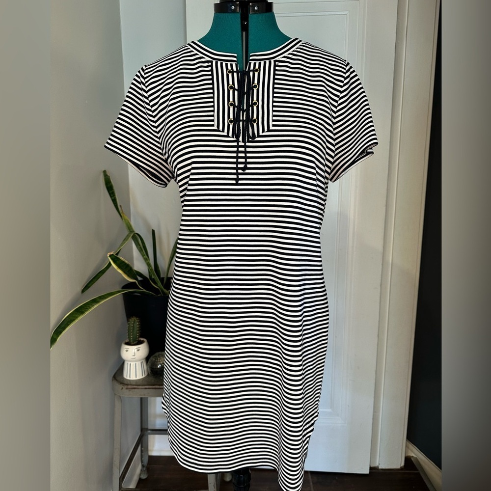 Cabi Captain Dress Size Large Black/White Stripes Nautical #5268